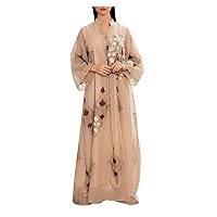 Womens Muslim Abaya Dress Vintage Floral Print V Neck Long Sleeve Dress Islamic Full Length Kaftan Daily Casual Dress