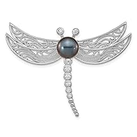 925 Sterling Silver Rhodium Plated Filigree Dragonfly Accented With CZ and 8 9mm Black Button Freshwater Cultured Pearl Dragonfly Pin Brooch Jewelry for Women