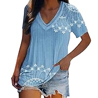 Womens Summer Tops 2023 Casual Dressy Short Sleeve V Neck T Shirts Trendy Floral Graphic Tee Blouse Cute Workout Tops