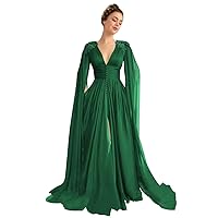Women's Tulle Prom Dresses with Cape V Neck Lace Applique Ball Gowns Long Slit Formal Evening Dresses with Pockets