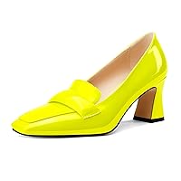 Castamere Womens Chunky Block Mid Heel Square Toe Pumps Slip-on Office Dress Patent Leather Loafers Shoes 2.8 Inches Heels
