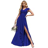 Tsbridal V-Neck Pleated Bridesmaid Dresses Chiffon Long 2023 A-Line Short Sleeve Wedding Party Gown