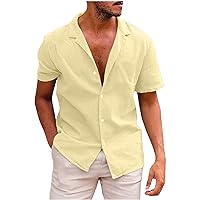 Men's Casual Button Down Shirt Plain Short Sleeve Linen Shirt Summer Beach Tops Spread Collar Semi Dress Shirts