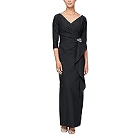 Alex Evenings Women's Slimming Long Length ¾ Sleeve Mother of The Bride Dress with Cascade Ruffle Skirt and Side Rushing