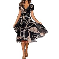 Floral Dress for Women,Women's Fashion Casual Personality Flower Print V Neck Short Sleeved Dress Length Dress