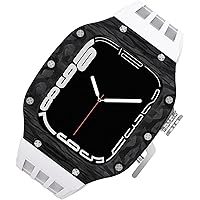 MGTCAR Carbon Fibre Watch Case Sport Fluorine Rubber Strap for Apple Watch 8/7 6/5/SE/4 44 mm 45 mm, Luxury Titanium Frame Breathable Exercise Band Women and Men Watch Band Mod Kit