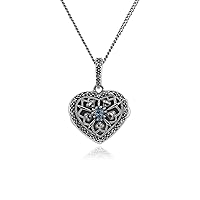 925 Sterling Silver Color Gemstone and Marcasite Heart Locket Pendant with 45cm Necklace