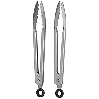 Tovolo Kitchen Cooking Mini Stainless Steel Tongs 7 with Silicone Grip & Easy Lock Mechanism for Serving, Salad, and Ice, Set of 2, Charcoal & Warm