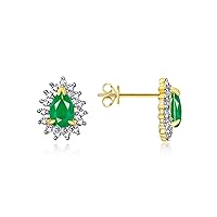Yellow Gold Plated Sterling Silver Halo Stud Earrings - Pear Shape Emerald & Sparkling Diamonds - 6x4mm - May Birthstone Jewelry for Women & Girls, Elegant, Fashion, Gift, Anniversary, by Rylos