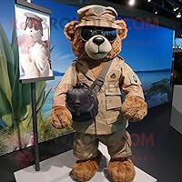 Brown Navy Seal mascot costume character dressed with a Romper and Handbags