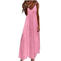 Women's Eyelet Embroidery Long Dress V Neck Boho Spaghetti Strap Maxi Dress Long Beach Sundress Vacation Outfits (XX-Large, Hot Pink)