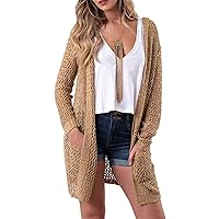 Andongnywell Women Hooded Hollow Knit Cardigan Hoodies Hollow Out Pocket Long Sweaters Boho Open Stitch Crochet