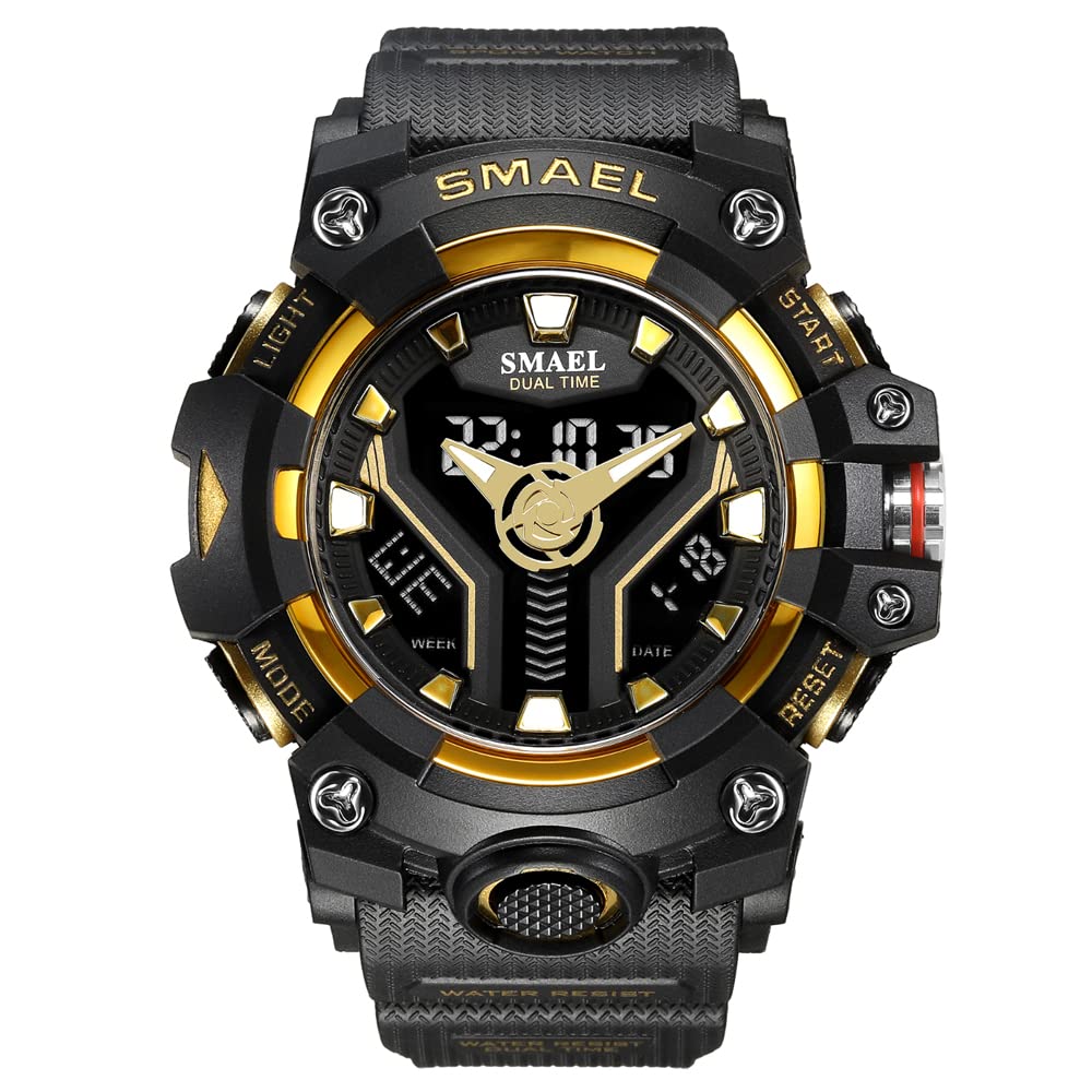 SMAEL Sport Shock Resistant Watch Analog-Digital Dual Display Quartz Wristwatches TPU Strap Led Light Water Resistant Military Watch