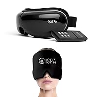 iSPA Eye Massager & Headache / Migraine Relief Hat, Hot Cold, Gel Ice, Mask w/ Heat Compression, Vibration, Bluetooth, Remote, for Bags Dark Circles Strain Dry Eyes, Improve Sleep, 2 Piece Set