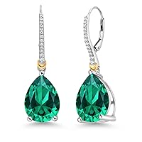Gem Stone King 925 Sterling Silver and 10K Yellow Gold 16X12MM Pear Shape Gemstone Birthstone and White Moissanite Teardrop Drop Dangle Earrings For Women