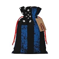 Augenstern Christmas Burlap Gift Bag With Drawstring Thin-Blue-Line-Police-Life Reusable Gift Wrapping Bag Xmas Holiday Party Favors Bag Medium