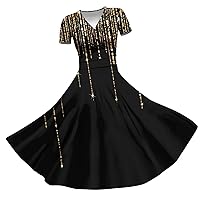 Vacation Dresses for Women 2024 Flowy Dresses for Women Floral Print A Line Elegant Pretty Slim Fit with Short Sleeve V Neck Tunic Dress Gold 3X-Large