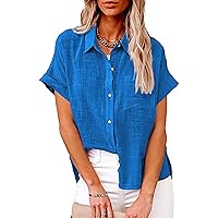 Womens Cotton Linen Button Down Shirts V Neck Roll Up Short Sleeve Blouses Casual Summer Tops Loose Work Blouse with Pocket