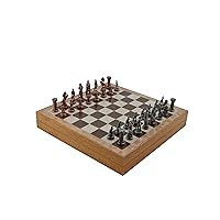 Metal Chess Set for Adults Medieval British Army Antique Copper,Handmade Pieces and Different Design Wooden Chess Board with Storage (Rustic)