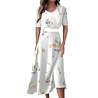 Women Dresses,Women's Floral Print Boho Dress Short Sleeve Wrap V Neck Ruffle Belted A-Line Flowy Maxi Dresses