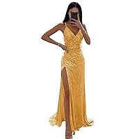 Sparkly Sequin Prom Dress with Slit Mermaid Formal Dresses for Women Spaghetti Straps V Neck Evening Gown