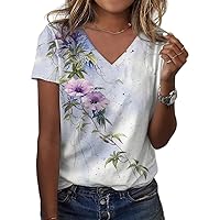 Women’s Summer Casual Floral Printed Short Sleeve Tshirt Tops Spring Loose Fit V Neck Graphic Plus Size Tunic Shirts