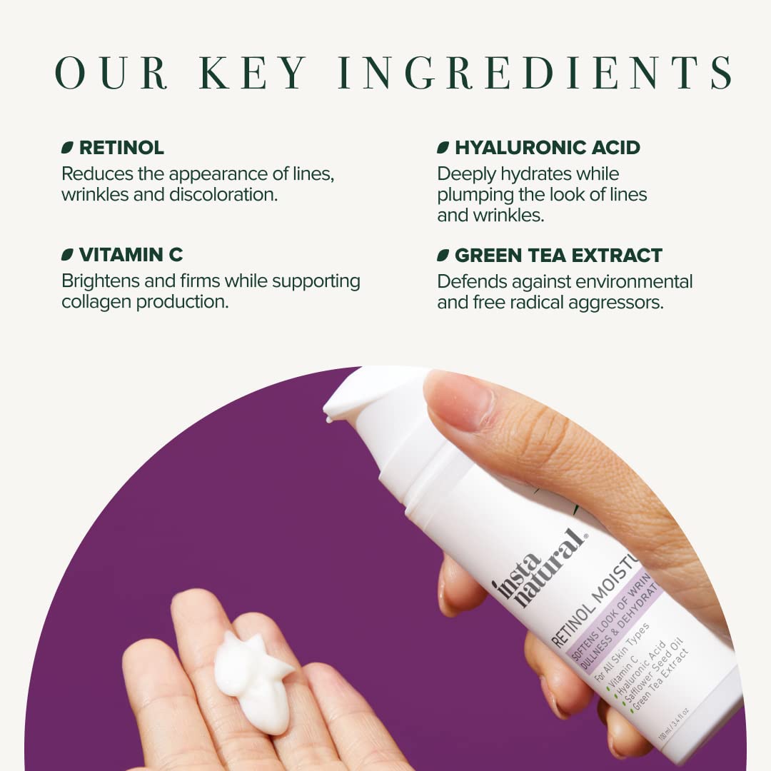 InstaNatural Retinol Cream for Face, Wrinkles, Fine Lines, Acne and Hyperpigmentation, Anti Aging Cream & Retinol Night Cream with Vitamin C and Hyaluronic Acid