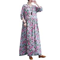 Cotton Vintage Floral Print Long Sleeve Spring Autumn Dresses for Women Casual Loose Beach Long Dress