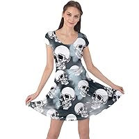 CowCow Womens Halloween Gothic Costume Grunge Pattern Skulls Illustration Cap Sleeve Dress, XS-5XL