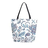 ALAZA Paisley Flower Floral Indian Ethnic Large Canvas Tote Bag Shopping Shoulder Handbag with Small Zippered Pocket