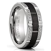 Metal Masters Co. Men's Titanium Ring Two-Tone Wedding Band Round-Cut Cubic Zirconia Black Silver 8MM