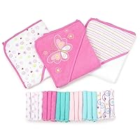 Spasilk Bath Hooded Towels & Washcloths Set for Babies, 23-Piece Gift Set, Pink Butterfly, (Gift GBA23 07)