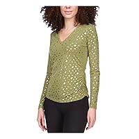 Michael Kors Womens Green Ruched Long Sleeve V Neck Top XS