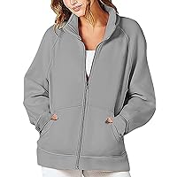 Women's Full Zip Up Jackets No Hood Long Sleeve Loose Fit Sweatshirts Solid Fashion Casual Cardigan Tops with Pockets