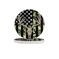 Camo American Flag Deer Hunting Coasters for Drinks, Absorbent Coasters Set of 2, Coffee Cup Tabletop Protection Coaster, Housewarming Bar Kitchen Home Decor 4 Inch