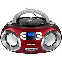 MEGATEK Portable CD Player Boombox with FM Radio, Bluetooth, and USB Port | Clear Stereo Sound | CD-R/RW and MP3 CDs Compatible | 3.5mm Aux Input and Headphone Jack | Backlit LCD Display - Cherry Red