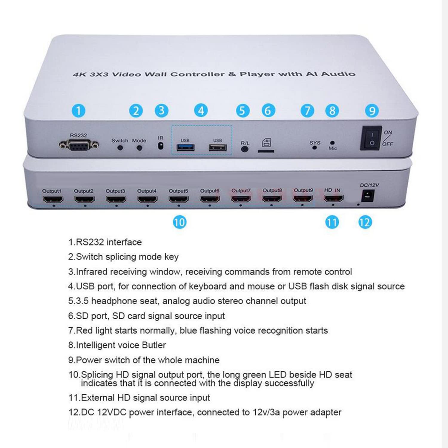 4K HDMI 3x3 Video Wall Controller with Media Player |9 Channels, HDMI 1.4, HDCP1.4 Compliant | 1 HDMI Input & 9 Outputs | 1x2, 1x3, 1x4, 2x1, 2x2, 2x3, 2x4, 3x1, 3x2, 3x3, 4x1, 4x2