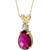 PEORA 14K Yellow Gold Created Ruby with Genuine Diamond Pendant for Women, 2.50 Carats Pear Shape 10x7mm, AAA Grade, Hypoallergenic Solitaire