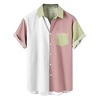 Hawaiian Shirt for Men Short Sleeve Colorblock Printed Casual Button Down Beach Shirts Regular Fit Bowling Shirts