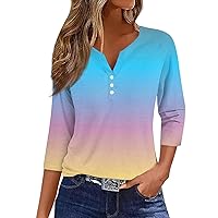 COTECRAM Tops for Women 2024 Summer Casual 3/4 Length Sleeve Button V Neck T Shirts Boho Floral Graphic Tees Loose Tunics