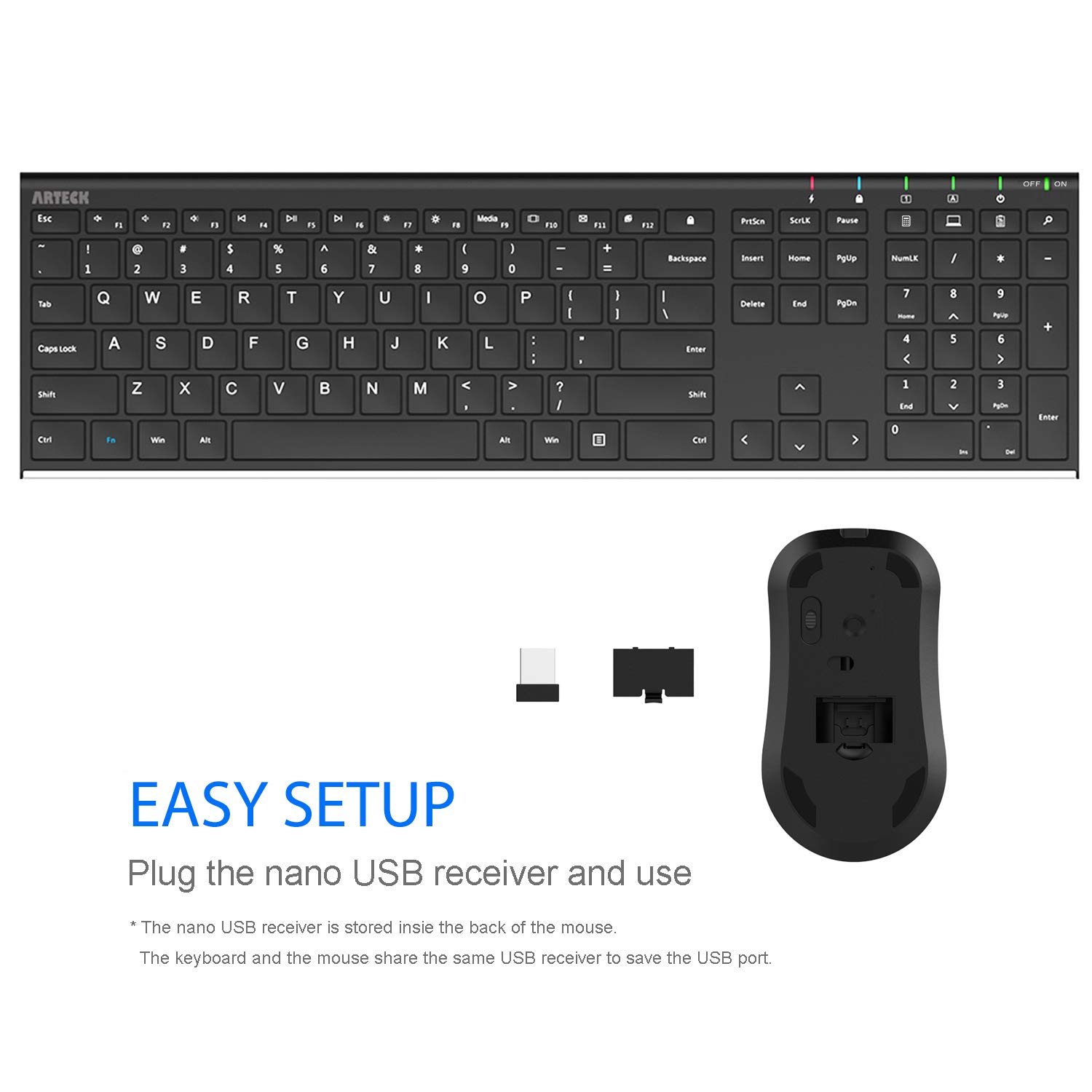 Arteck 2.4G Wireless Keyboard and Mouse Combo Stainless Steel Ultra Slim Full Size Keyboard Keyboard and Ergonomic Mice for Computer Desktop PC Laptop and Windows 11/10/8 Build in Rechargeable Battery