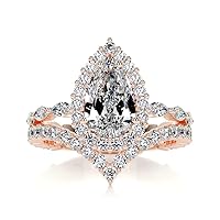 Solid Gold Handmade Engagement Rings 2 CT Pear Cut Moissanite Diamond Halo Bridal Wedding Ring Set for Her Anniversary Propose Gift (10K Solid Rose Gold)