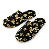 Sunflower And Bee Warm Flannel Men's Slippers Full Print Anti-Slip Rubber Sole House Shoes