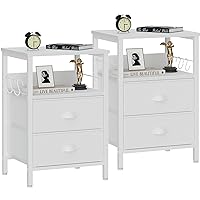 Furologee Nightstands Set 2, End Table with 2 Fabric Drawers, Bedside Table with 2 Hooks, Open Wood Shelf Side Sofa Table for Bedroom/Living Room/Hallway/White