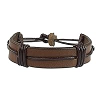 NOVICA handmade .925 Sterling Silver Men's Leather Wristband Bracelet Brown from Ghana [8.75 in L x 0.6 in W] 'Enduring Strength in Brown'