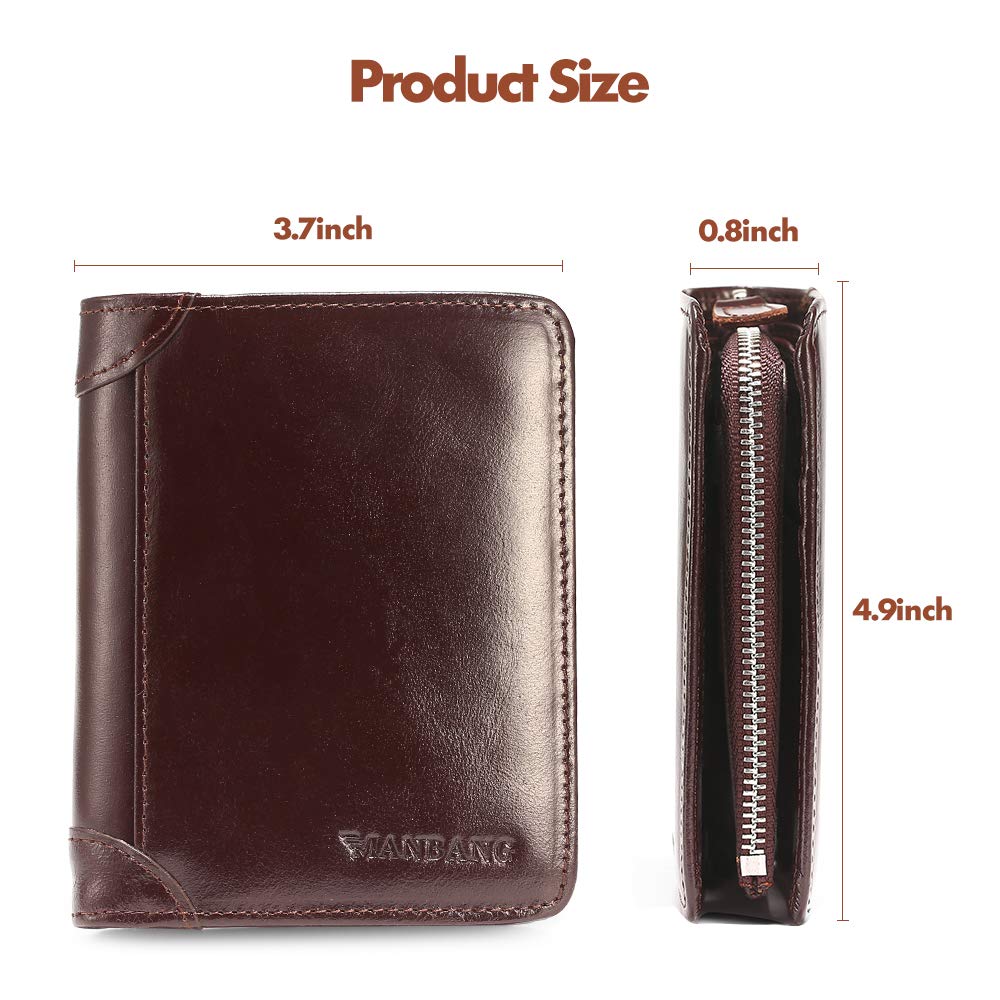 Mens Wallet Zipper Genuine Leather RFID Card Holders Cowhide Zip Coin Pocket Bifold wallets for men Brown(anti-theft brush)