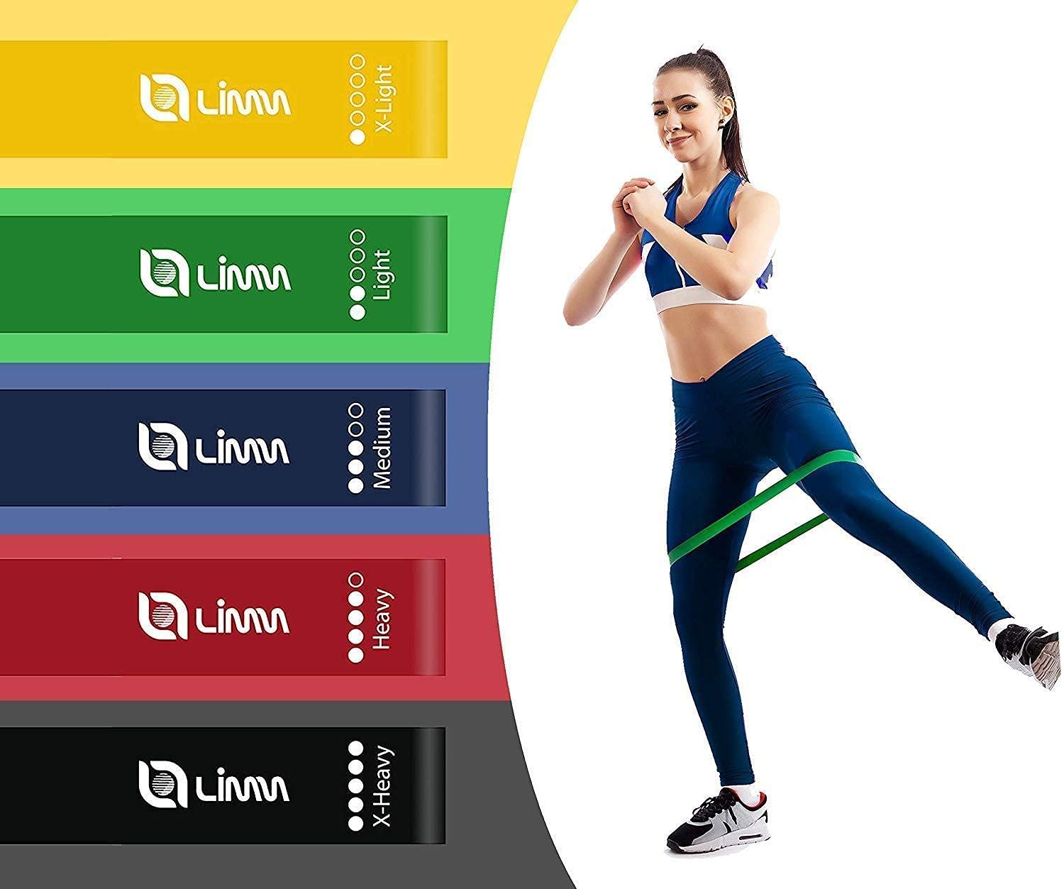 Limm Resistance Loop Exercise Bands - Set of 5 Stretch Bands for Working Out with Instruction Guide & Carry Bag - Elastic Band for Home Workout & Physical Therapy for Women and Men