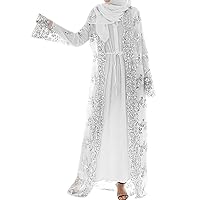 TIFENNY Muslim Women Lace Sequin Cardigan Maxi Dress Kimono Open Abaya Robe Kaftan Dubai Fashion Long Cardigan Cover Up White