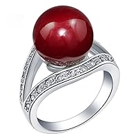 Uloveido Red Simulated Pearl Wedding Silver Color Rings for Women Fashion Jewelry J381