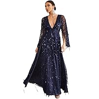 Womens Fall Fashion 2022 Plunging Neck Split Thigh Sequins Maxi Formal Evening Gown (Color : Navy Blue, Size : Medium)